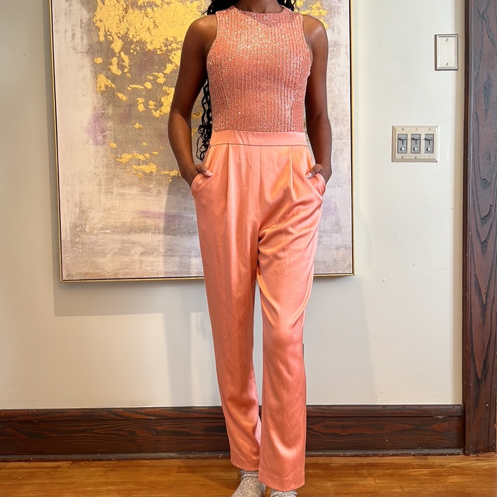 Beaded and Satin Jumpsuit sleeveless Salmon‎ Color